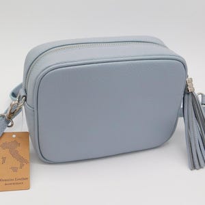 Light Blue Leather Crossbody Bag: Italian Pebbled Leather, Silver Hardware