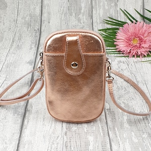 Bolso bandolera de cuero para teléfono en color oro rosa / Estuche para teléfono / Monedero de cuero genuino para iPhone, Cartera para teléfono con bandolera, Monedero de viaje