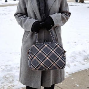Tweed Check Top Handle Bag: Dark Grey Overcheck Wool Crossbody