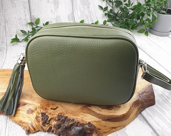 Sara Khaki Green Leather Cross body Bag | Italian Olive Green Leather Shoulder Bag. Genuine Italian Pebbled Leather