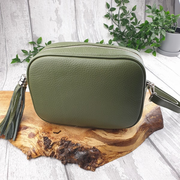 Sara Khaki Green Leather Cross body Bag | Italian Olive Green Leather Shoulder Bag. Genuine Italian Pebbled Leather