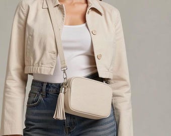 Cream Leather Crossbody Bag: Italian Pebbled Leather, Silver Hardware
