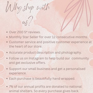 May include: A light pink and white graphic with the text "Why shop with us?" and bullet points listing customer service benefits. The background has a watercolor effect with a leaf design and pink circles.