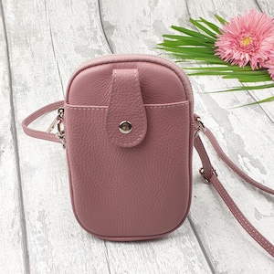 Bolsa/bolsa de couro rosa para celular, bolsa de couro genuíno para iPhone, carteira de ombro para celular, bolsa de viagem.