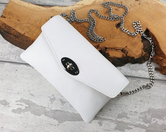 White Italian Leather Crossbody Bag: Silver Chain Strap Clutch