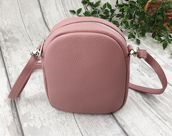 Italian Leather Crossbody Bag, Small Dusty Pink Shoulder Bag.