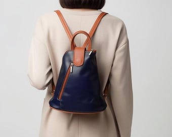 Mini Italian Leather Backpack | Navy & Brown Rucksack