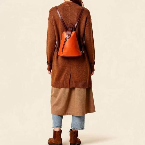 Mini Orange & Brown Leather Backpack | Womens Leather  display picture 3