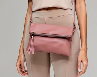 Dusky Pink Italian Leather Crossbody Bag: Fold-Over Clutch