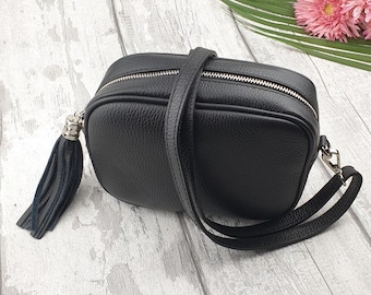 Sara Black Leather Cross body Bag. Genuine Italian Pebbled Leather.