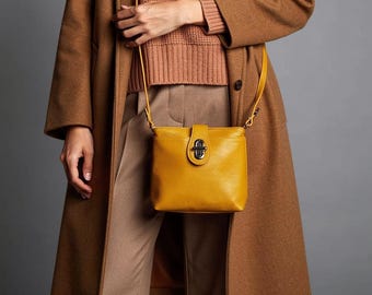 Mustard Yellow Leather Crossbody Bag: Italian Leather, Silver Hardware