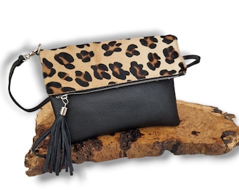 Black Leather Fold-Over Genuine Leather Crossbody Bag. Leopard Print Pattern