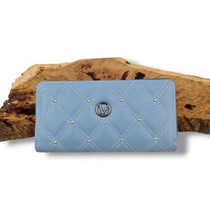 Monedero azul claro, monedero vintage redondo con cremallera, patrón, cartera clutch, bolso grande. Monedero para mujer