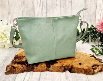 Sage Green Leather Shoulder Bag | Genuine Leather Handbag | Genuine Italian Leather | Pebbled Leather | Sage Green Large Leather Handbag