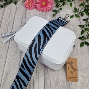 Sara White Leather Cross body Bag. Genuine Italian Pebbled Leather. Blue Zebra Strap