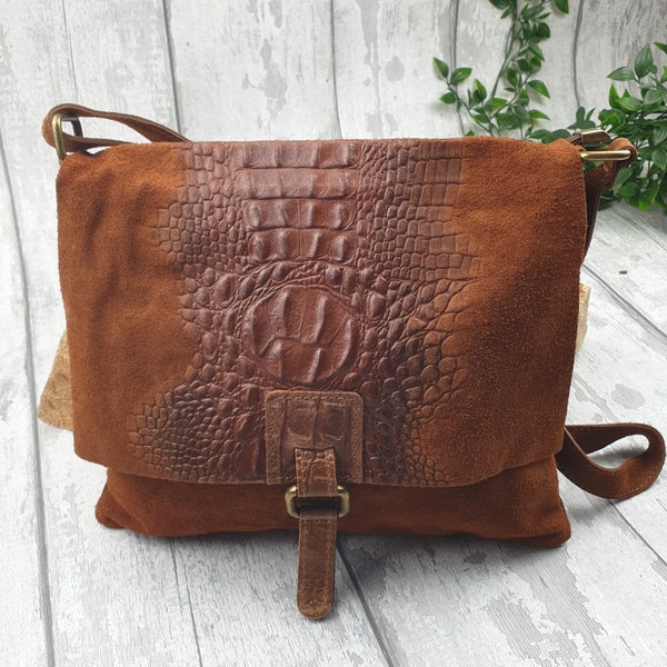 Sac à main en cuir italien à imprimé serpent marron | Véritable sac à main en cuir suédé italien motif crocodile | Sac à bandoulière à imprimé animal