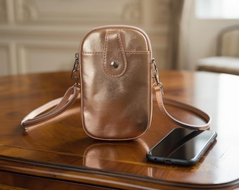 Rose Gold Leather Crossbody Phone Bag: Italian Leather Travel Purse