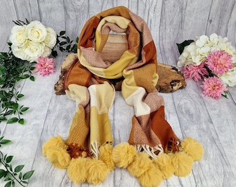 Cashmere Blend Scarf: Yellow & Orange Checked Scarf with Pom Poms