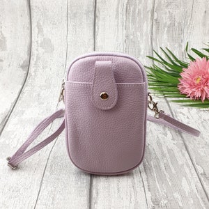 Bolso/estuche de cuero para teléfono tipo bandolera de color lila Bolso de cuero para teléfono tipo bandolera, monedero de cuero genuino para iPhone, billetera para teléfono con hombro, bolso de viaje.
