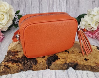 Sara Orange Leather Cross body Bag. Genuine Italian Pebbled Leather
