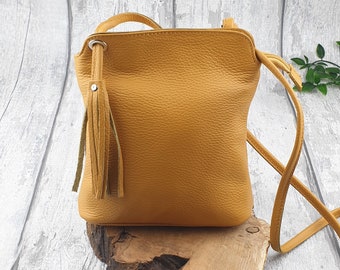 Leather mustard Tassel Crossbody Bag.
