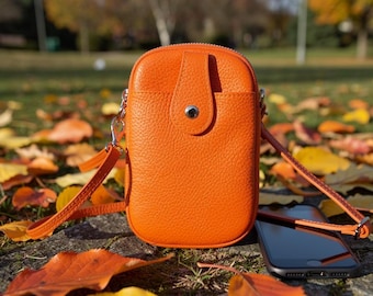 Bolso bandolera de piel naranja para teléfono: piel italiana, correa ajustable