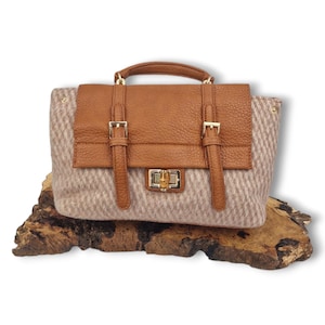 Tweed Beige & Brown Cross Body Saddle Bag. Tweed Style Top Handle Bag | Vintage Country Style Shoulder Bag