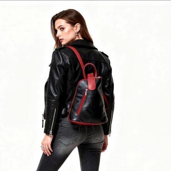 Mini Italian Leather Backpack: Black and Red Womens Rucksack  display picture 3