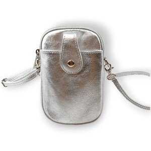 Bolso/estuche de cuero para teléfono con bandolera metalizada plateada, bolso de cuero para teléfono, monedero de cuero genuino para iPhone, billetera para teléfono con hombro, bolso de viaje.