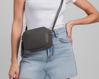 Dark Grey Genuine Leather Crossbody Bag, Italian Shoulder Leather Tassel handbag for Women.