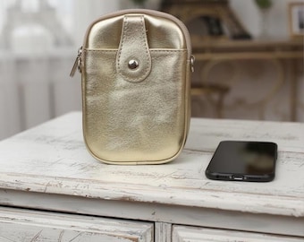 Gold Italian Leather Crossbody Phone Bag: Adjustable Strap Travel Purse