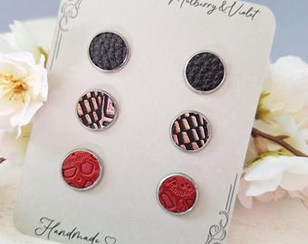Leather Stud Earrings 12mm Earring Gift Set Earrings Set of 3 Hypoallergenic Earrings Handmade Gift For Holiday Gift For Mom