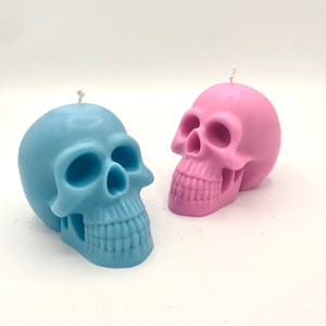 May include: Two skull-shaped candles, one light blue and one pink.
