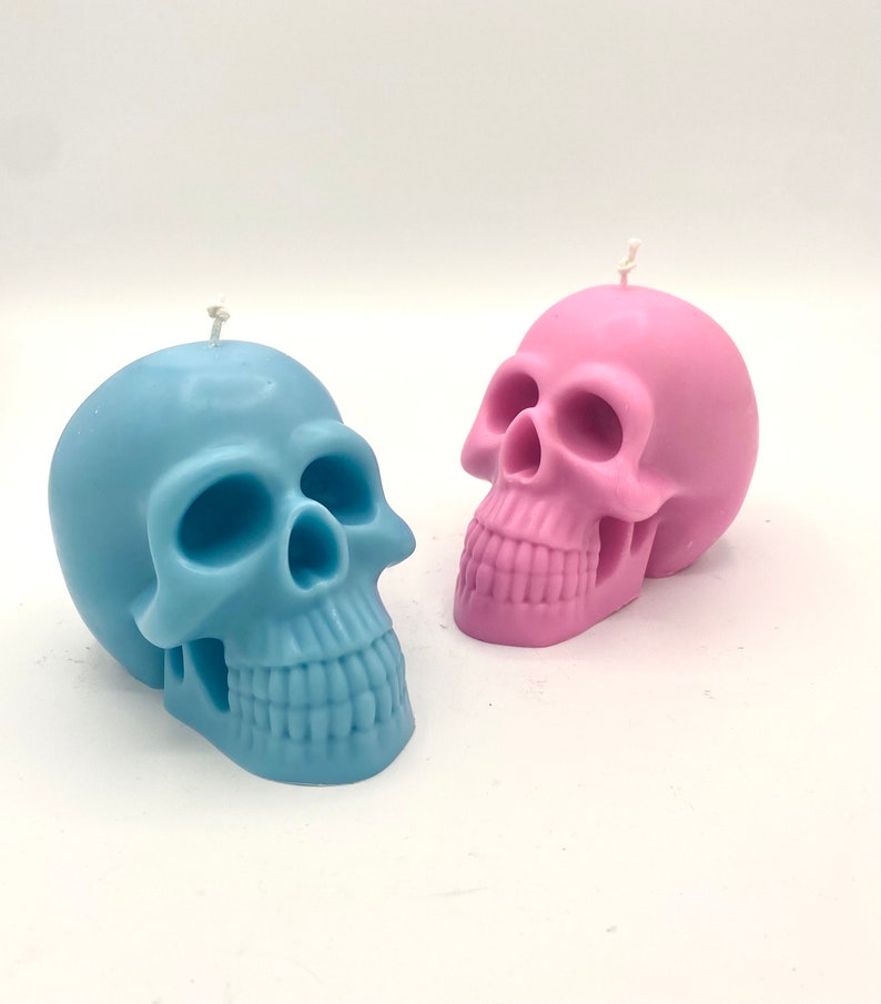 May include: Two skull-shaped candles, one light blue and one pink.