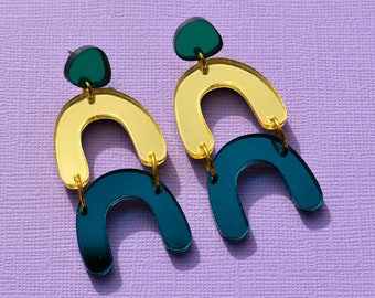 Green & Gold Mirrored Arch Acrylic Dangle Drop Statement Earrings