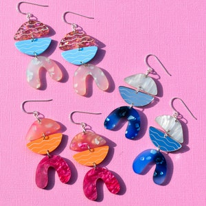 Geometric Shapes Semi Circle Acrylic Dangle Drop Statement Earrings | Pink | Blue | Orange