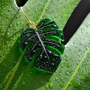 Monstera Plant Leaf Dark Green Translucent Acrylic Drop Earring