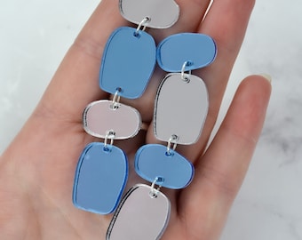 Abstract Geometric Rectangle Mirrored Silver & Blue Acrylic Dangle Drop Statement Earrings