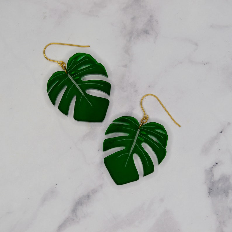 Monstera Plant Leaf Dark Green Translucent Acrylic Drop Earring image 2