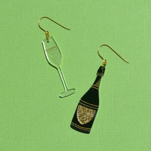 Champagne Bottle & Glass Mismatched Acrylic Dangle Drop Earring Set image 1
