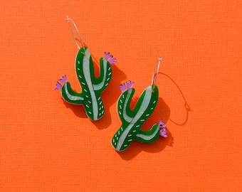 Flowering Cactus Acrylic Dangle Drop Earrings