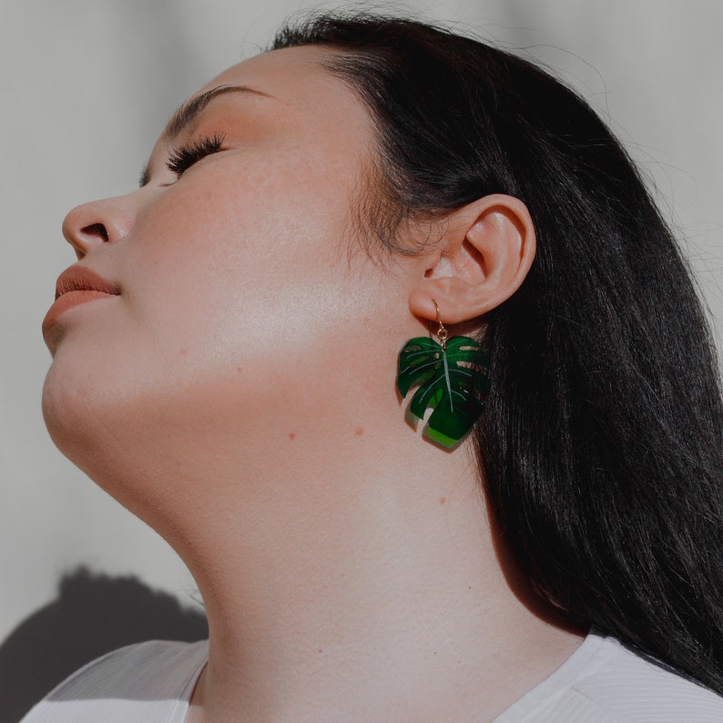 Monstera Plant Leaf Dark Green Translucent Acrylic Drop Earring image 3