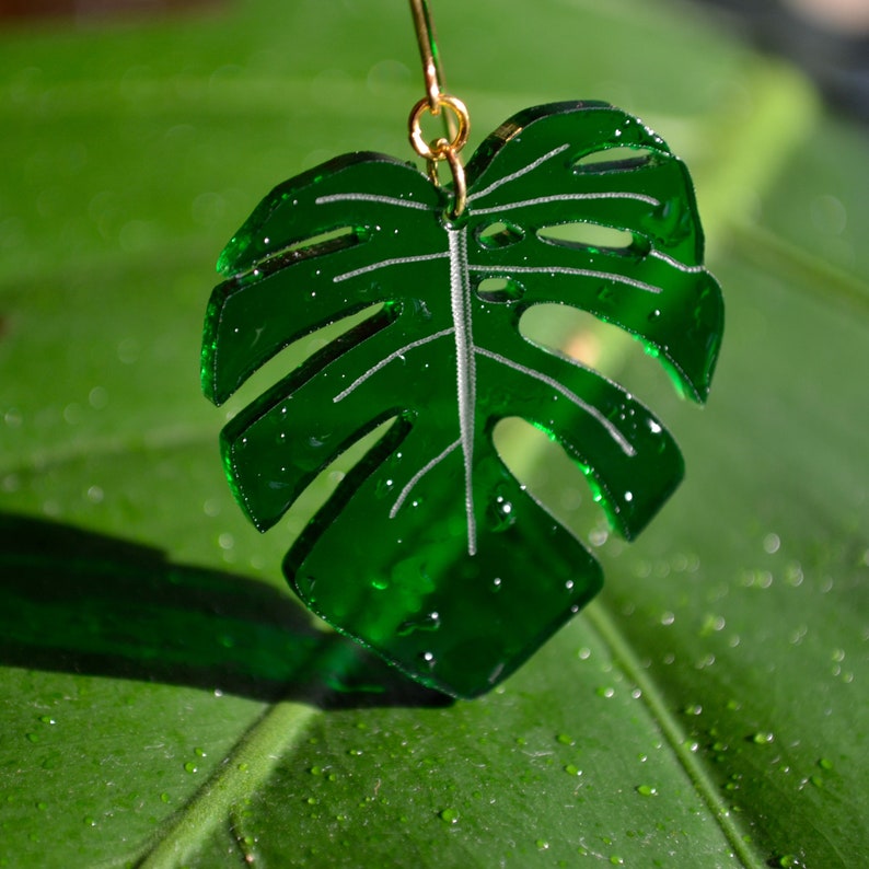 Monstera Plant Leaf Dark Green Translucent Acrylic Drop Earring image 5