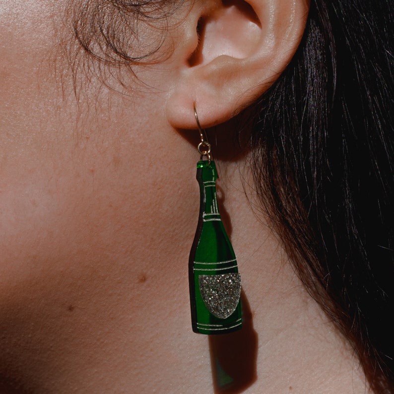 Champagne Bottle & Glass Mismatched Acrylic Dangle Drop Earring Set image 4