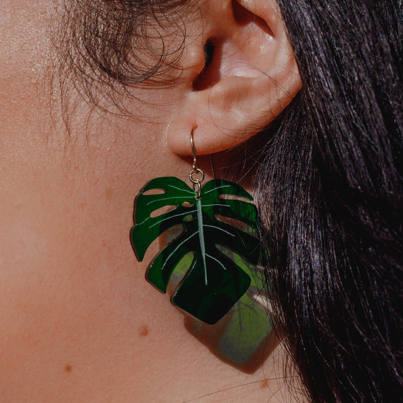 Monstera Plant Leaf Dark Green Translucent Acrylic Drop Earring image 6