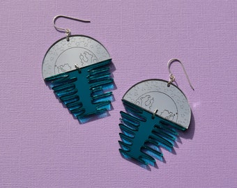 Moon Reflection on Water Silver and Green Mirrored Acrylic Dangle Statement Earrings