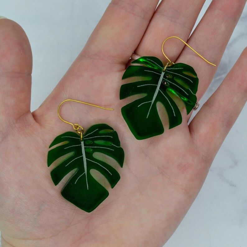 Monstera Plant Leaf Dark Green Translucent Acrylic Drop Earring image 4