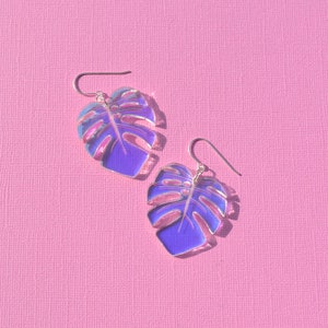 Holographic Monstera Plant Leaf Acrylic Dangle Earrings