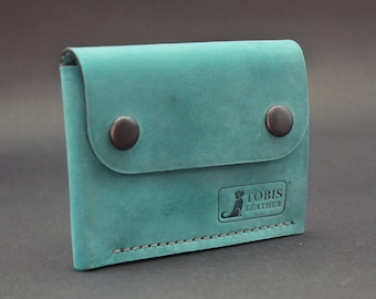 Cartera pequeña de cuero minimalista, Cartera de hombre con bolsillo frontal delgado, Cartera de mujer de color turquesa suave, cartera unisex, Monedero de monedas, Regalo de cumpleaños para hombres