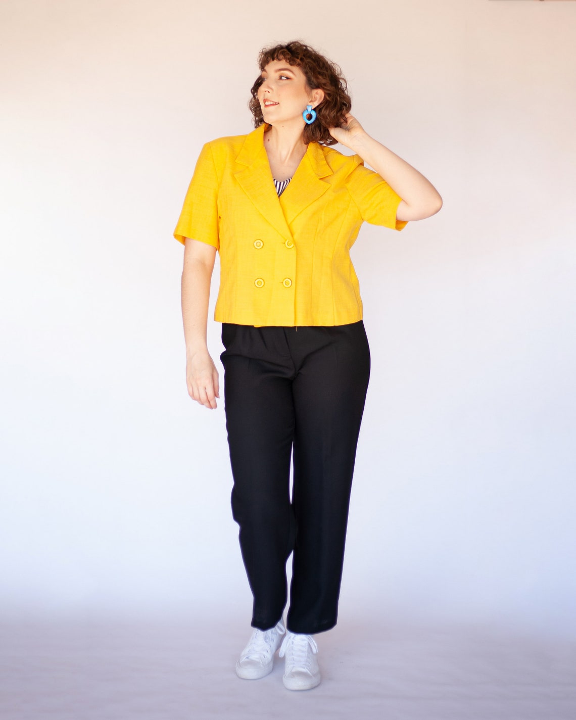 80s Yellow crop shirt | Etsy